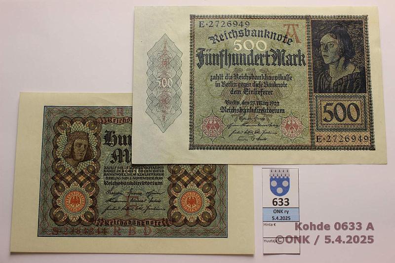 k-0633-a.jpg - Kohde 633 (kuva 1/2), lhthinta: 25 € Saksa 100 - 10 000 mk (3) 1920-22 P#69a, 72, 73 100mk-20; 500mk-22; 10 000mk-22, kunto: 8, 8, 9