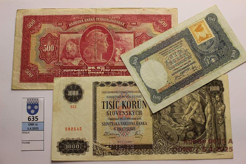 k-0635-a.jpg - Kohde 635 (kuva 1/2), lhthinta: 10 € Slovakia 100 - 1000 kr (3) 1939-40 P#10, 2, 13 100k -40; 500k ND(-39); 1000k -40. Miehitysseteleit. Kaksi jlkim. SPECIMEN lvisteell, kunto: 4-6