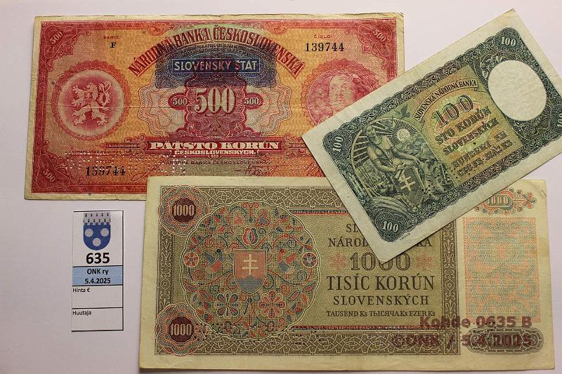 k-0635-b.jpg - Kohde 635 (kuva 2/2), lhthinta: 10 € Slovakia 100 - 1000 kr (3) 1939-40 P#10, 2, 13 100k -40; 500k ND(-39); 1000k -40. Miehitysseteleit. Kaksi jlkim. SPECIMEN lvisteell, kunto: 4-6