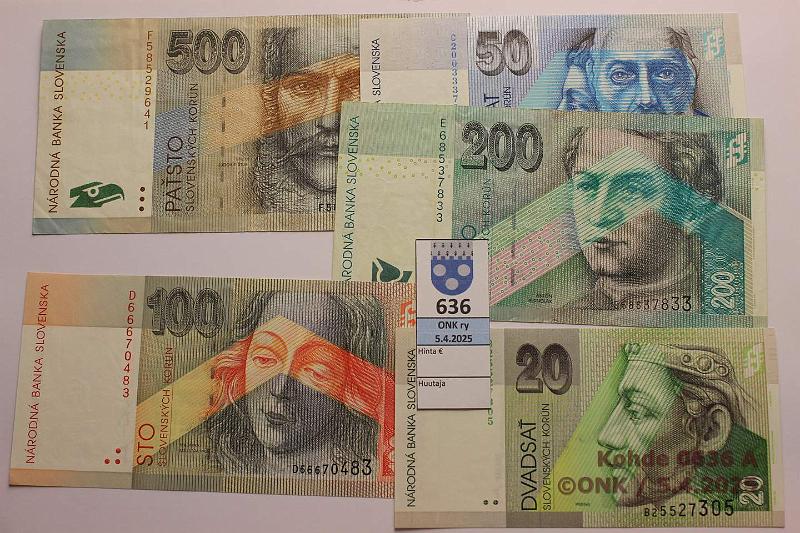 k-0636-a.jpg - Kohde 636, lhthinta: 20 € Slovakia 20 + 50 + 100 + 200 + 500 kr 1993-2006 P#20, 21, 25, 26, 27, kunto: 5-9