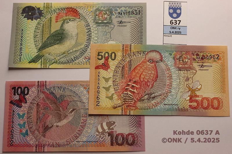 k-0637-a.jpg - Kohde 637 (kuva 1/2), lhthinta: 25 € Suriname 100 + 500 + 1000 gulden 2000 P#149a-151a, kunto: 9