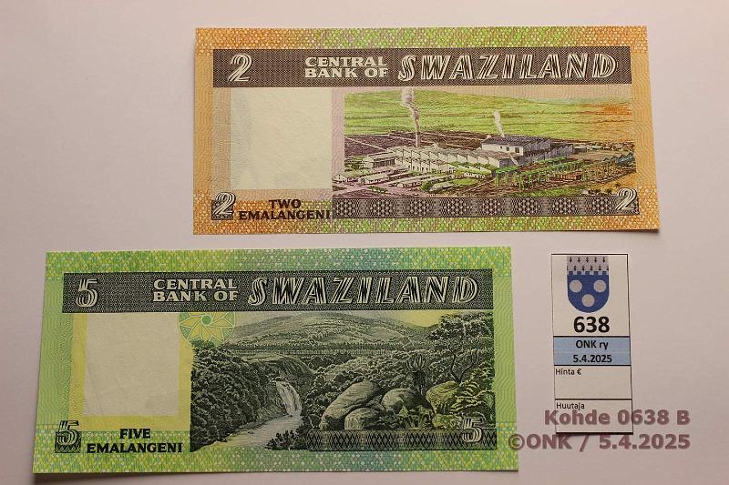 k-0638-b.jpg - Kohde 638 (kuva 2/2), lhthinta: 15 € Swazimaa 2 + 5 emalangeni ND(1984) P#8b, 9b, kunto: 9