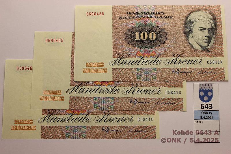 k-0643-a.jpg - Kohde 643 (kuva 1/2), lhthinta: 45 € Tanska 100 kr (3) 1984 P#51k 6696462, ..65, ..68, lhekkiset sarjan:ot, kunto: 9