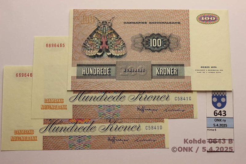 k-0643-b.jpg - Kohde 643 (kuva 2/2), lhthinta: 45 € Tanska 100 kr (3) 1984 P#51k 6696462, ..65, ..68, lhekkiset sarjan:ot, kunto: 9