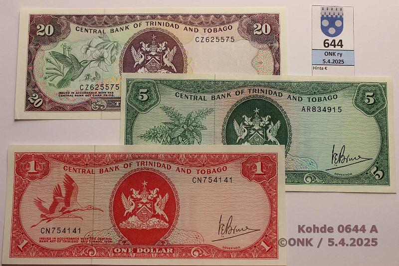 k-0644-a.jpg - Kohde 644, lhthinta: 15 € Trinidad & Tobago 1 + 5 + 20 $ P#30a, 31a, 39c, kunto: 9, 6, 8