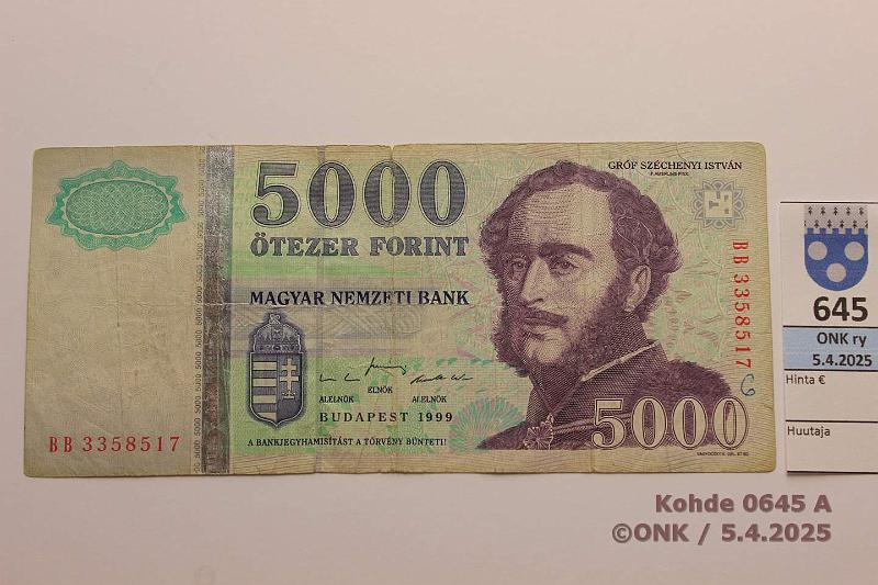 k-0645-a.jpg - Kohde 645 (kuva 1/2), lhthinta: 5 € Unkari 5000 forint 1999 P#182 Prep, kunto: 3