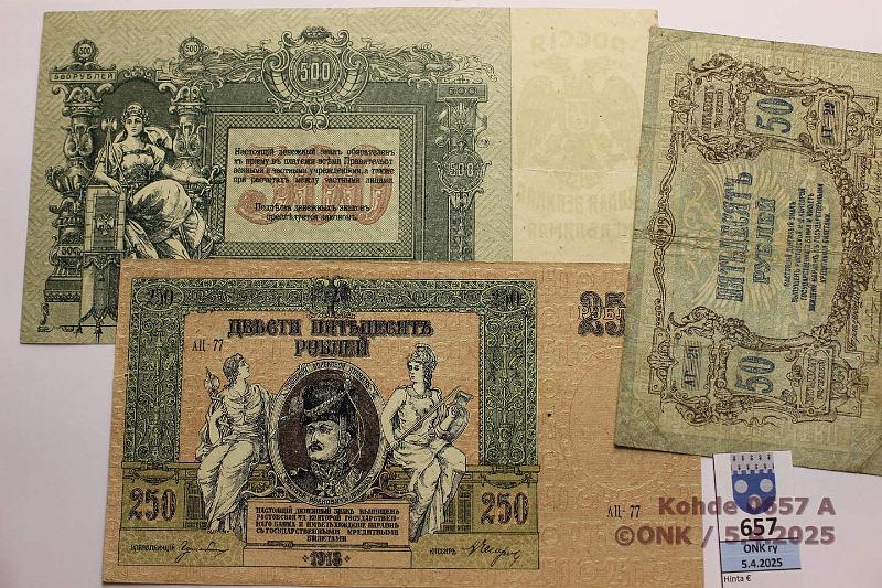 k-0657-a.jpg - Kohde 657 (kuva 1/2), lhthinta: 25 € South Russia 50 + 250 + 500 rpl 1918-19 P#S414c, 415c, 416a 500r tahroja, kunto: 6, 5, 4