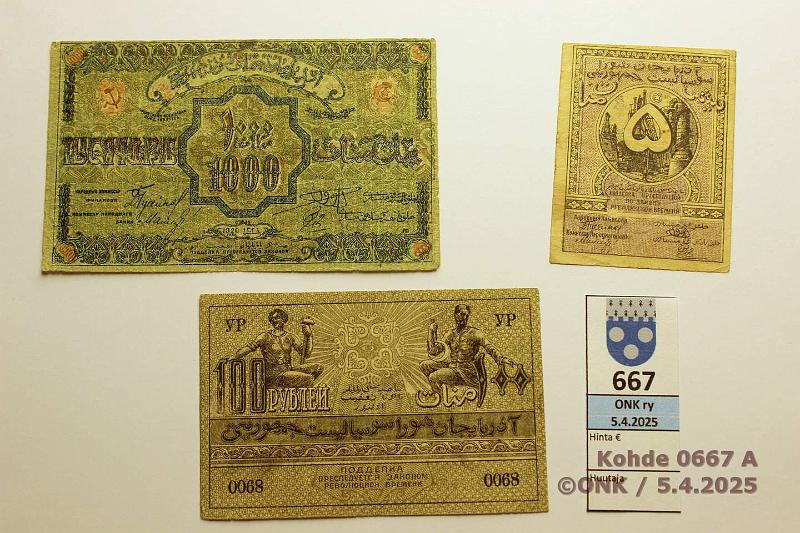 k-0667-a.jpg - Kohde 667 (kuva 1/2), lhthinta: 15 € Transcaucasia 5 + 100 + 1000 rpl 1920 P#S709, 710, 712 Azerbaijan Socialist Soviet Republic, kunto: 4