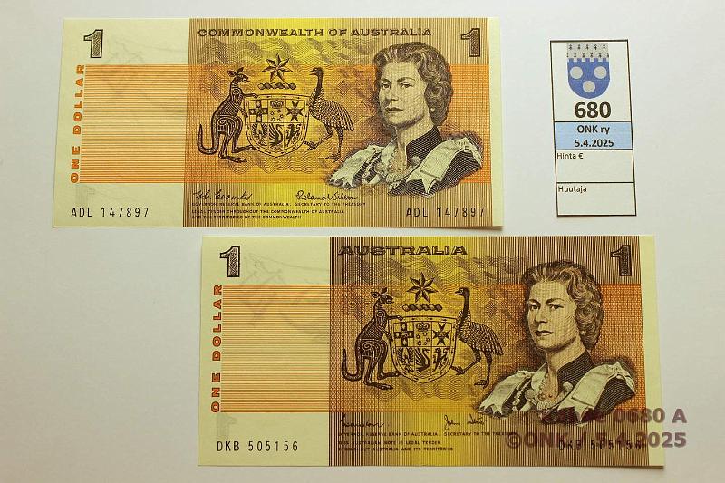 k-0680-a.jpg - Kohde 680 (kuva 1/2), lhthinta: 25 € Australia 1 $ (2) ND(1966, -83) P#37a, 42d Commonwealth, kunto: 9