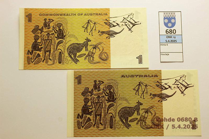 k-0680-b.jpg - Kohde 680 (kuva 2/2), lhthinta: 25 € Australia 1 $ (2) ND(1966, -83) P#37a, 42d Commonwealth, kunto: 9