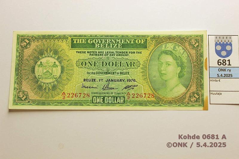 k-0681-a.jpg - Kohde 681 (kuva 1/2), lhthinta: 45 € Belize 1 $ 1976 P#33c Kolme terv painumaa, 2 neulanreika, 2 tahraa, kunto: 8