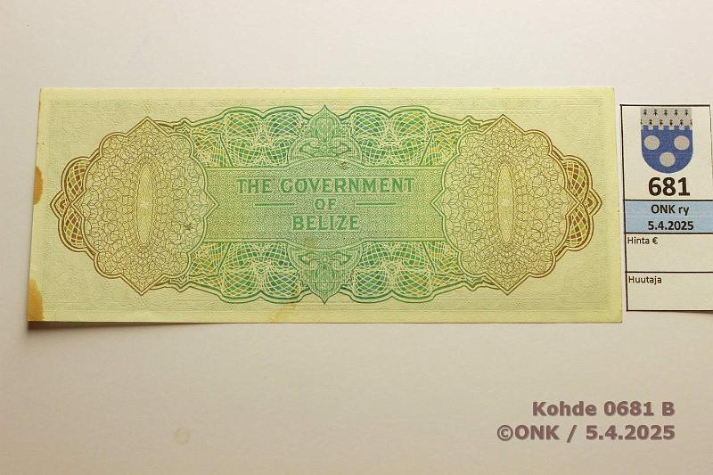 k-0681-b.jpg - Kohde 681 (kuva 2/2), lhthinta: 45 € Belize 1 $ 1976 P#33c Kolme terv painumaa, 2 neulanreika, 2 tahraa, kunto: 8