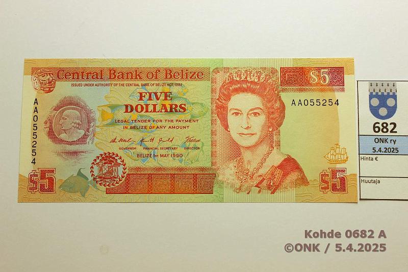 k-0682-a.jpg - Kohde 682 (kuva 1/2), lhthinta: 35 € Belize 5 $ 1990 P#53a, kunto: 10