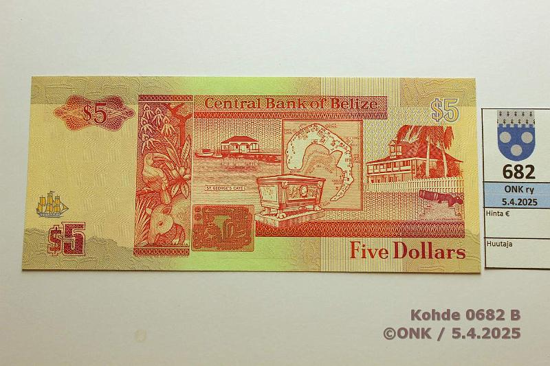 k-0682-b.jpg - Kohde 682 (kuva 2/2), lhthinta: 35 € Belize 5 $ 1990 P#53a, kunto: 10