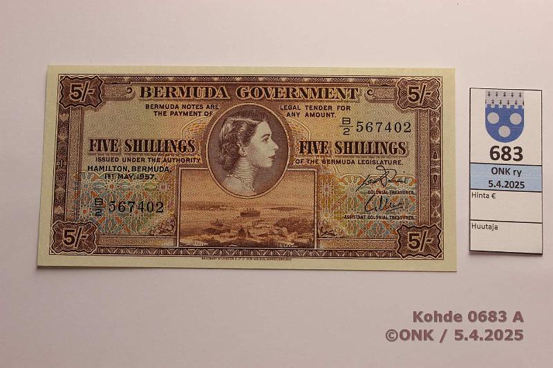 k-0683-a.jpg - Kohde 683 (kuva 1/2), lhthinta: 125 € Bermuda 5 shillings 1957 P#18b, kunto: 9