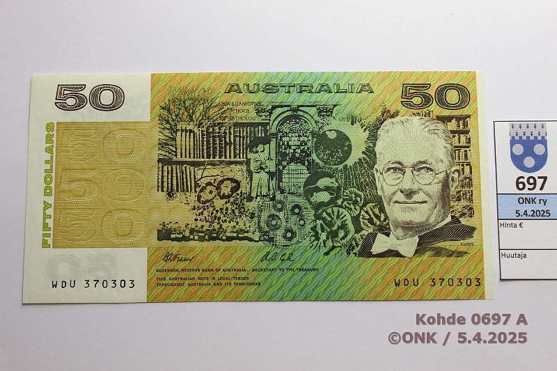 k-0697-a.jpg - Kohde 697 (kuva 1/2), lhthinta: 125 € Australia 50 $ ND(1991-93) P#47h Florey - Lketiede 1945, kunto: 9