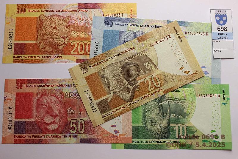 k-0698-b.jpg - Kohde 698 (kuva 2/2), lhthinta: 55 € Etel-Afrikka 10 + 20 + 50 + 100 + 200 rand ND(2013-16) P#138a-142a Mandela - Rauha 1993, kunto: 9