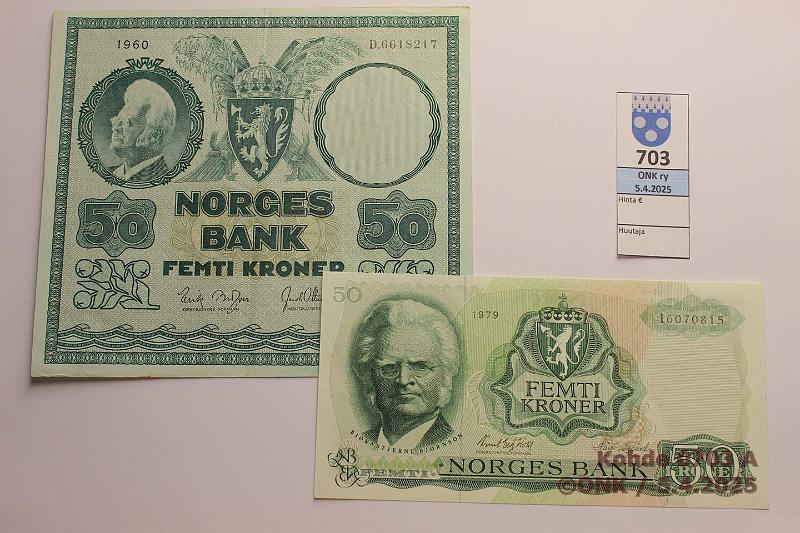 k-0703-a.jpg - Kohde 703 (kuva 1/2), lhthinta: 195 € Norja 50 kr (2) 1960, -79 P#32c, 37d Bjrnson - Kirjallisuus 1903 (-60 kl 8, likaa reunassa), kunto: 8, 9