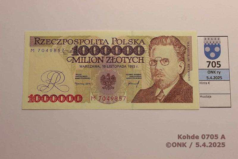 k-0705-a.jpg - Kohde 705 (kuva 1/2), lhthinta: 75 € Puola 1 000 000 zl 1993 P#162 Reymont - Kirjallisuus 1924, kunto: 9