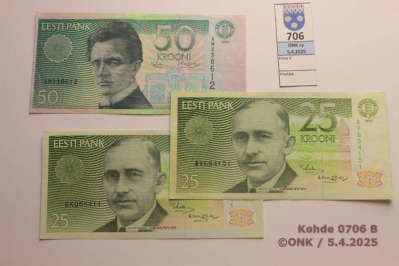 k-0706-b.jpg - Kohde 706 (kuva 2/2), lhthinta: 10 € Eesti (22) 1991-94 1k -92(2); 2k -92(5); 5k -92(4), -94(2); 10k -91(2); -92, -94(3); 25k -92(2); 50k -94, kunto: 4-6