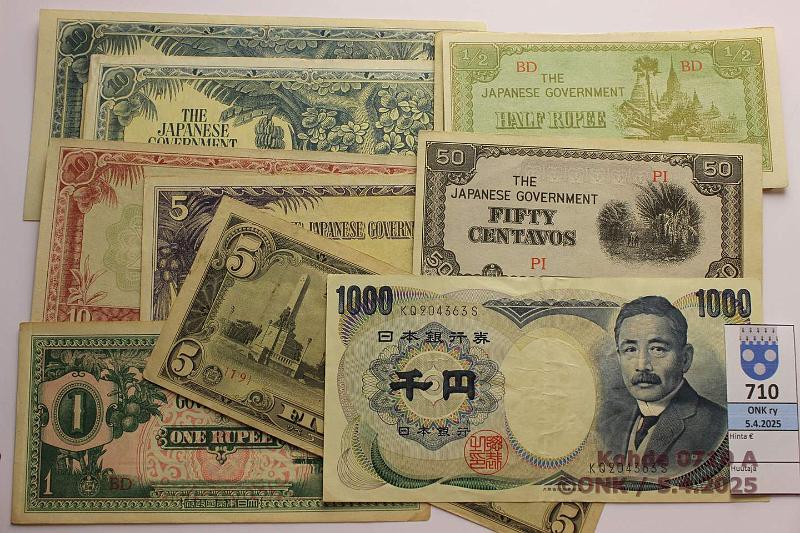 k-0710-a.jpg - Kohde 710, lhthinta: 5 € Japani (10) Miehitysseteleit: 50 centavos, 5 pesos; (2), 1, 5, 10 rupees; 10 $(2). Lisksi 1000 yen 1984-90 (P#97b, kl5), kunto: 4-8