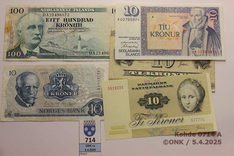 k-0714-a.jpg - Kohde 714, lhthinta: 10 € Pohjola (5) 1954-86 Islanti 10kr -81-86 (P#48, kl9), 100kr -65-80 (P#44, kl4); Norja 10kr -82 (P#36, kl4); Tanska 10kr -54-57 (P#44, kl4), 10kr -72-78 (P#48, kl9), kunto: 4-9