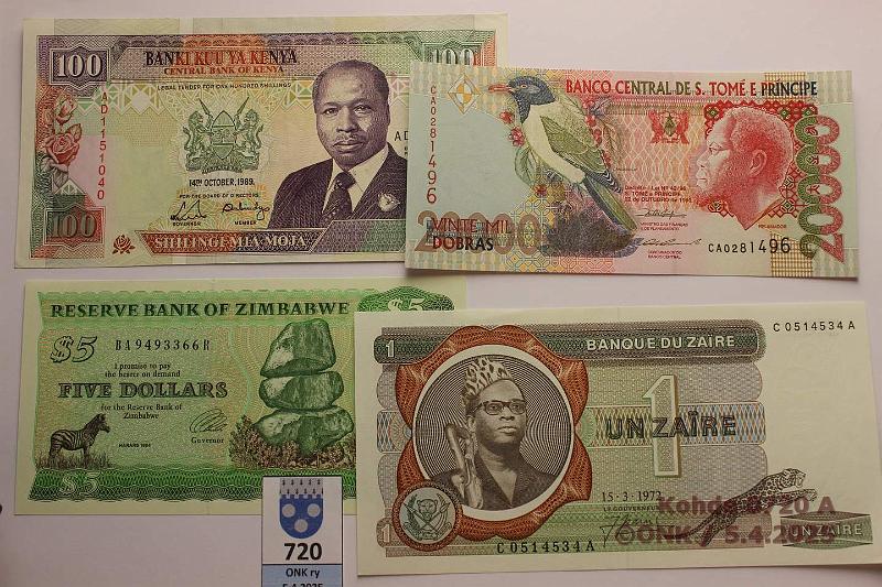 k-0720-a.jpg - Kohde 720 (kuva 1/2), lhthinta: 30 € Muu maailma (4) 1972-96 Kenia 100s -89 P#27a; Sao Tome & Principe 20 000d -96 P#67a; Zaire 1z -72 P#18a; Zimbabwe 5$ -94 P#2e, kunto: 8-9