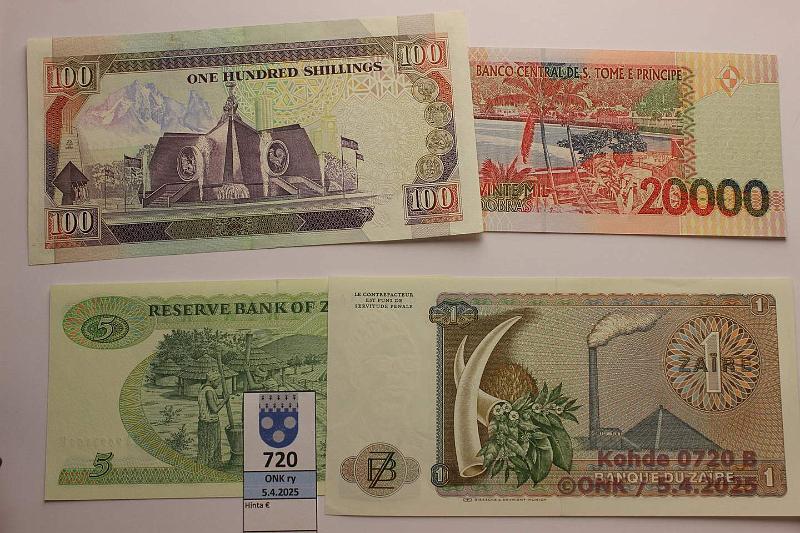 k-0720-b.jpg - Kohde 720 (kuva 2/2), lhthinta: 30 € Muu maailma (4) 1972-96 Kenia 100s -89 P#27a; Sao Tome & Principe 20 000d -96 P#67a; Zaire 1z -72 P#18a; Zimbabwe 5$ -94 P#2e, kunto: 8-9