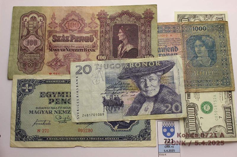 k-0721-a.jpg - Kohde 721, lhthinta: 5 € Muu maailma (6) 1922 → Itvalta 1000kr-22; Ruotsi 20kr-92; Unkari 100p-30, 1 000 000p-45; USA fantasiaseteli 1 milj $, kunto: 3-8