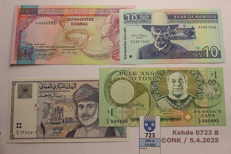 k-0723-b.jpg - Kohde 723 (kuva 2/2), lhthinta: 24 € Muu maalma (8) 1984-2011 Kypros P#60b, Komorit P#17, Malediivit P#11, Mauritania P#16a, Namibia P#1, Oman P#34, Sao Tome & Principe P#63, Tonga P#31a, kunto: 9-10