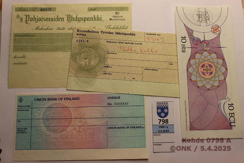 k-0798-a.jpg - Kohde 798 (kuva 1/2), lhthinta: 5 € Sekit ja muuta (4) Sekit: Pohjoismaiden Yhdyspankki, kyttmtn; Union Bank of Finland SPECIMEN lvistyksell; Kymen Tyven Sstpankki, kytetty, rei'ittimen reik. 10 ECU messuseteli European Community, Sevilla Expo 1992, kunto: 8-9