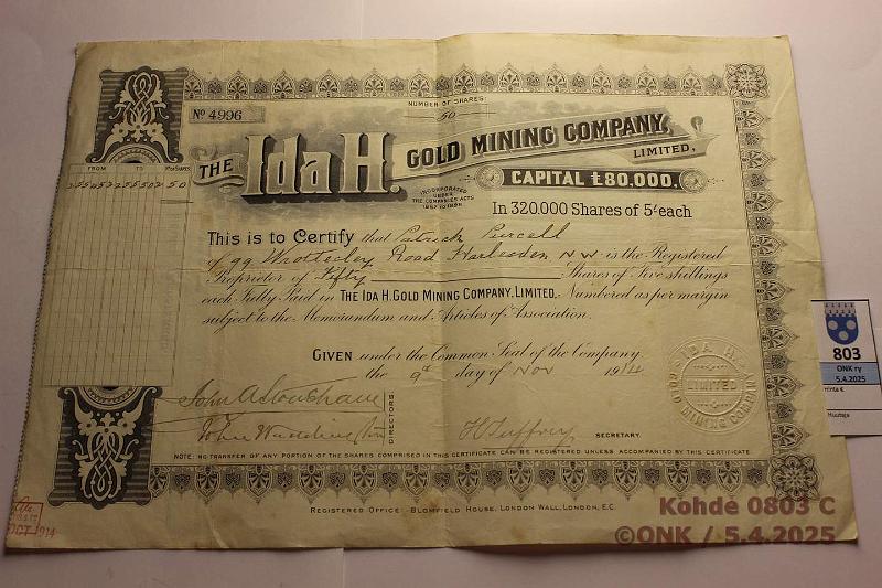 k-0803-c.jpg - Kohde 803 (kuva 3/3), lhthinta: 5 € Osakekirjoja ja oblikaatioita (10) 1914 → Ida H Gold mining compay; Studebaker-Worthington Inc (2); San Juan Racing Association Inc; PAR Technology Corp; Peeskill Financial Corp; Heck's Inc; Canadian National Railway Comp; Societe commerciale industrielle Palmeraires Africaines; Spartans Industries nc, kunto: 5-7