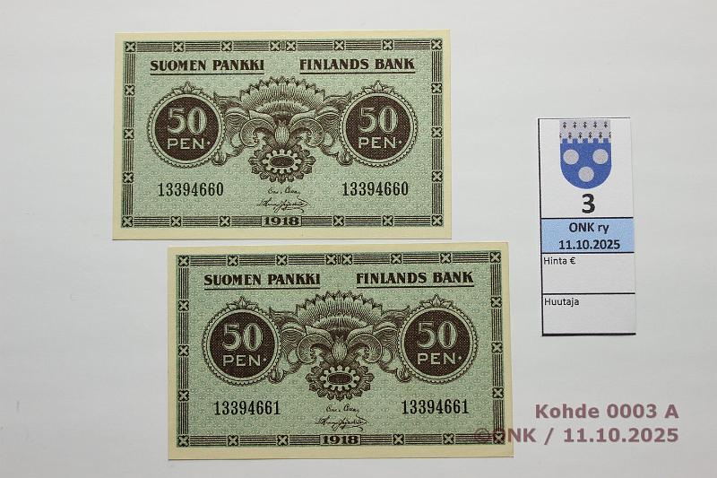 k-0003-a.jpg - Kohde 3, lhthinta: 10 € / myyntihinta: 17 € 50 p 1918 (2) SNY 105 13394660-61 COL-His, 2 perk., kunto: 9