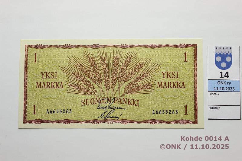 k-0014-a.jpg - Kohde 14 (kuva 1/2), lhthinta: 80 € / myyntihinta: 84 € 1 mk 1963 SNY 114.1.1 A6655263 LEI-Sac, kunto: 9