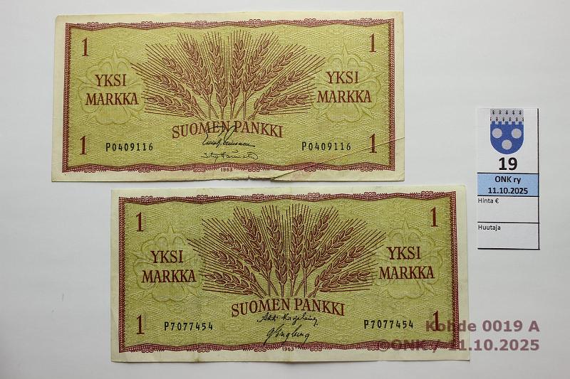 k-0019-a.jpg - Kohde 19, lhthinta: 10 € / ei tarjouksia 1 mk 1963 (2) SNY 114.1.1 P0409116 LEI-Tr (eprep), P7077454 KA I-Eng, kunto: 3, 4