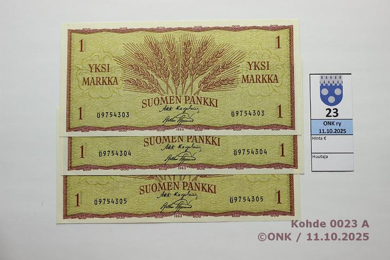 k-0023-a.jpg - Kohde 23, lhthinta: 5 € / myyntihinta: 5 € 1 mk 1963 (3) SNY 114.1.1 9754303-05 KA I-AAs, 3 perk., kunto: 8-9