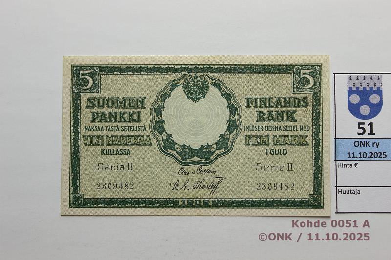 k-0051-a.jpg - Kohde 51 (kuva 1/2), lhthinta: 50 € / myyntihinta: 56 € 5 mk 1909 S II SNY 130.11 2309482 COL-The, kunto: 8
