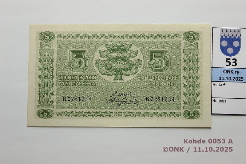 k-0053-a.jpg - Kohde 53 (kuva 1/2), lhthinta: 60 € / ei tarjouksia 5 mk 1922 SNY 132.1 B0221634 BA II-His, kunto: 8