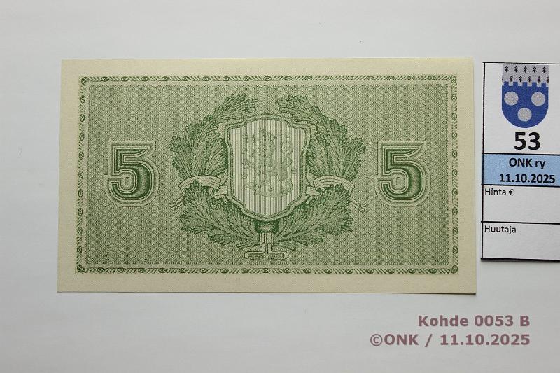 k-0053-b.jpg - Kohde 53 (kuva 2/2), lhthinta: 60 € / ei tarjouksia 5 mk 1922 SNY 132.1 B0221634 BA II-His, kunto: 8