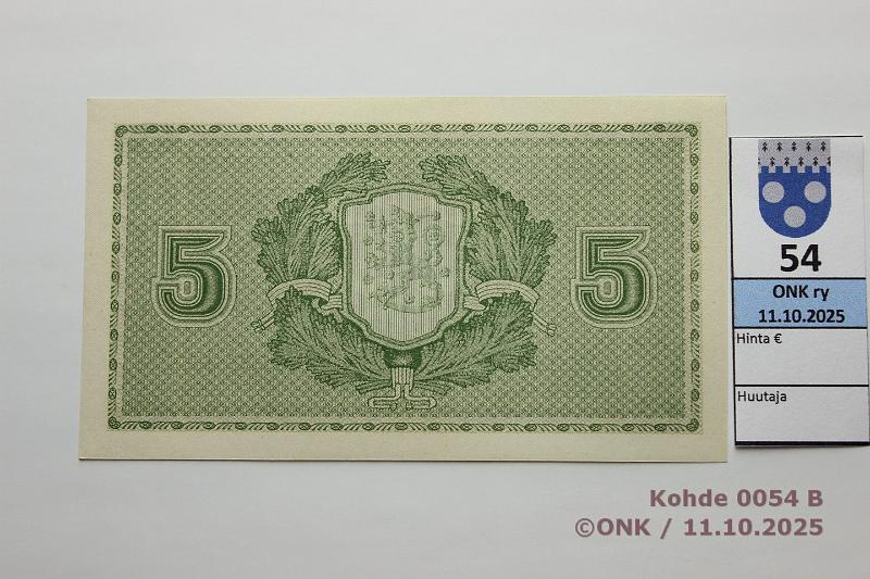 k-0054-b.jpg - Kohde 54 (kuva 2/2), lhthinta: 90 € / ei tarjouksia 5 mk 1922 SNY 132.1 A0812154 STE-Ml, kunto: 9