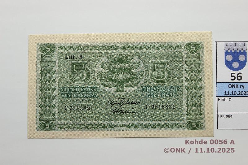 k-0056-a.jpg - Kohde 56 (kuva 1/2), lhthinta: 130 € / ei tarjouksia 5 mk 1922 LB SNY 132.3 C0313881 KAL-Wah, kunto: 9