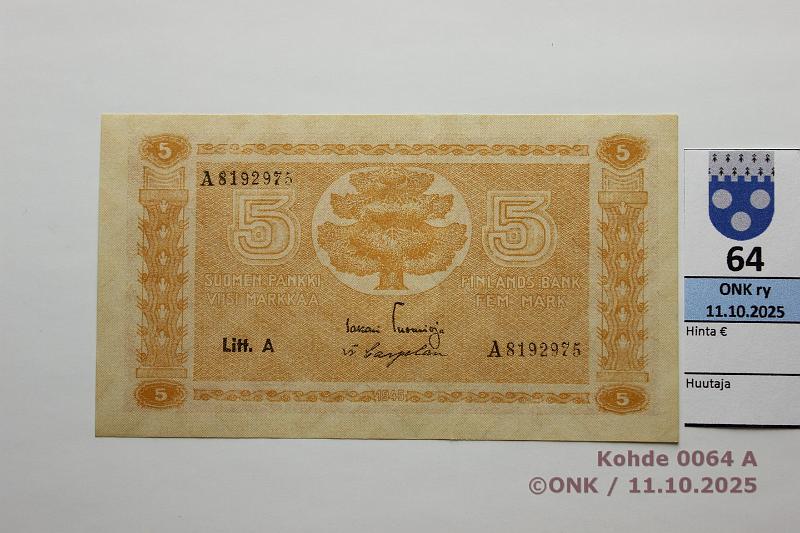 k-0064-a.jpg - Kohde 64, lhthinta: 10 € / myyntihinta: 14 € 5 mk 1945 LA SNY 134.1.1 A8192975 TUO-Car, prsstty, kunto: 8