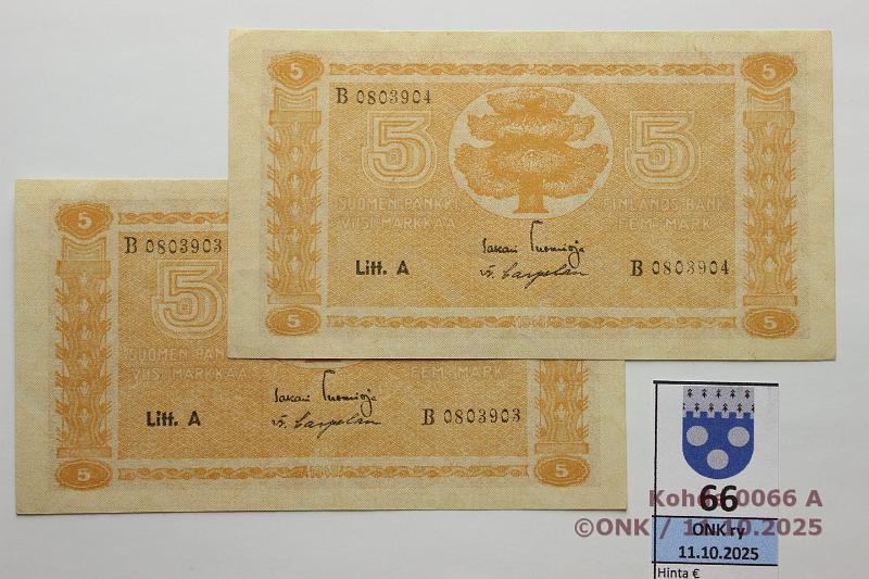 k-0066-a.jpg - Kohde 66, lhthinta: 10 € / myyntihinta: 13 € 5 mk 1945 LA (2) SNY 134.1.1 B0803903-04 TUO-Car, 2 perk., kunto: 7, 8
