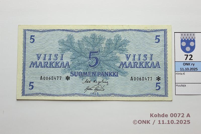 k-0072-a.jpg - Kohde 72, lhthinta: 30 € / myyntihinta: 36 € 5 mk 1963 A* SNY 135.2.1 A0068477* KA I-AAs, korvaava, kunto: 4