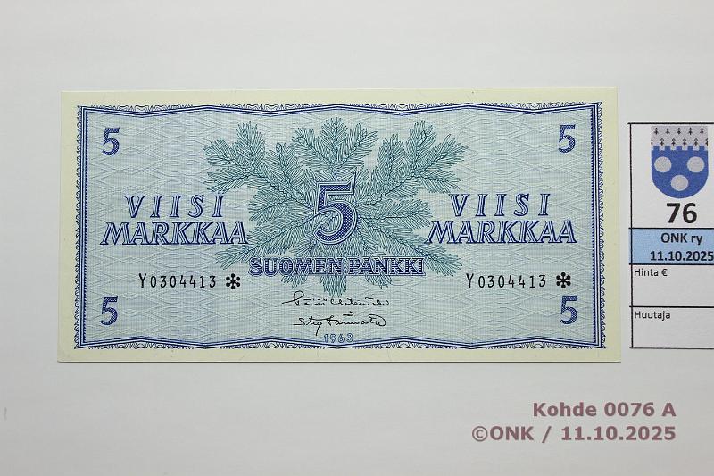k-0076-a.jpg - Kohde 76, lhthinta: 150 € / ei tarjouksia 5 mk 1963 Y* SNY 135.2.5 Y0304413* HET-Tr, korvaava, kunto: 9