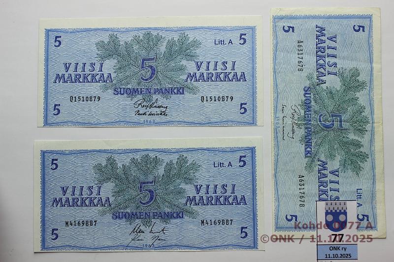 k-0077-a.jpg - Kohde 77 (kuva 1/2), lhthinta: 15 € / myyntihinta: 16 € 5 mk 1963 LA (7) SNY 135.3.1 A0001343 KU I-Ign, A
KU I-Lin, A
KA I-M1, G
UUS-M1, L
AL I-Hes, M
KO II-Nar, Q
KU I-Ko1, osassa leikkausvirheit, kunto: 4-8