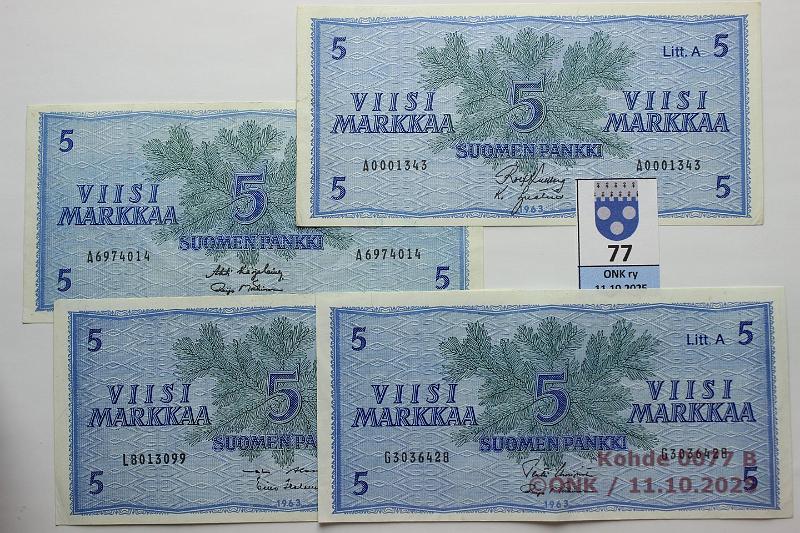 k-0077-b.jpg - Kohde 77 (kuva 2/2), lhthinta: 15 € / myyntihinta: 16 € 5 mk 1963 LA (7) SNY 135.3.1 A0001343 KU I-Ign, A
KU I-Lin, A
KA I-M1, G
UUS-M1, L
AL I-Hes, M
KO II-Nar, Q
KU I-Ko1, osassa leikkausvirheit, kunto: 4-8