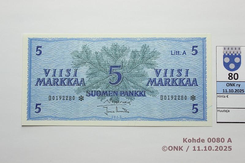 k-0080-a.jpg - Kohde 80, lhthinta: 30 € / myyntihinta: 30 € 5 mk 1963 LA D* SNY 135.4.3 D0192280* SIM-Ara, korvaava, painumia ja pm kaari kulmassa, kunto: 9