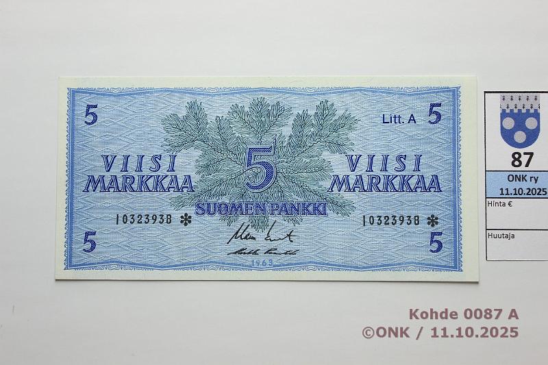 k-0087-a.jpg - Kohde 87, lhthinta: 30 € / ei tarjouksia 5 mk 1963 LA I* SNY 135.4.5 I0323938* KO II-Pu1, korvaava, kunto: 9