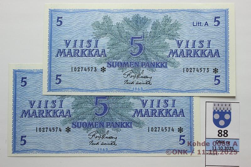 k-0088-a.jpg - Kohde 88, lhthinta: 60 € / ei tarjouksia 5 mk 1963 LA I* (2) SNY 135.4.5 I0274573-74* KU I-Ko1, 2 perk. korvaavaa, kunto: 9